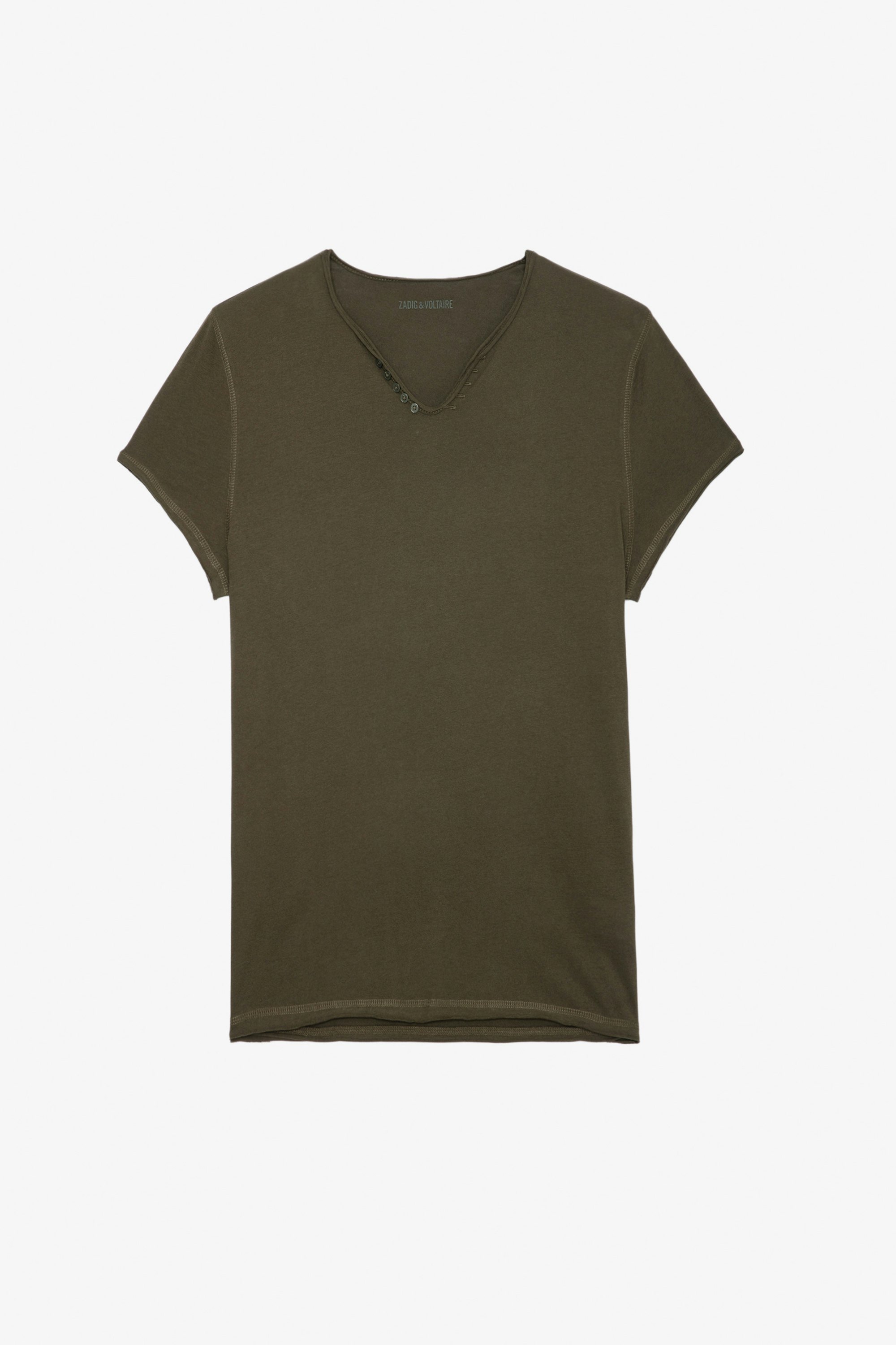 Monastir T-Shirt - Men’s khaki cotton short-sleeved Henley T-shirt with Sex print.