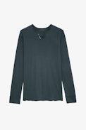 Monastir T-Shirt - Men’s green cotton long-sleeved Henley T-shirt with Philanthropist print.