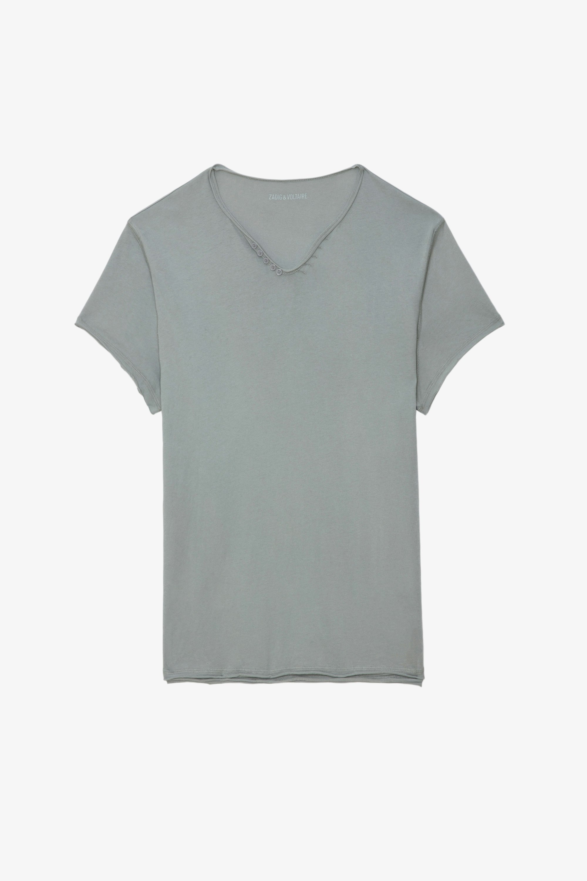 Monastir Arrow Henley T-shirt - Grey organic cotton Henley T-shirt with short sleeves and “No Heart No Art” embroidery.