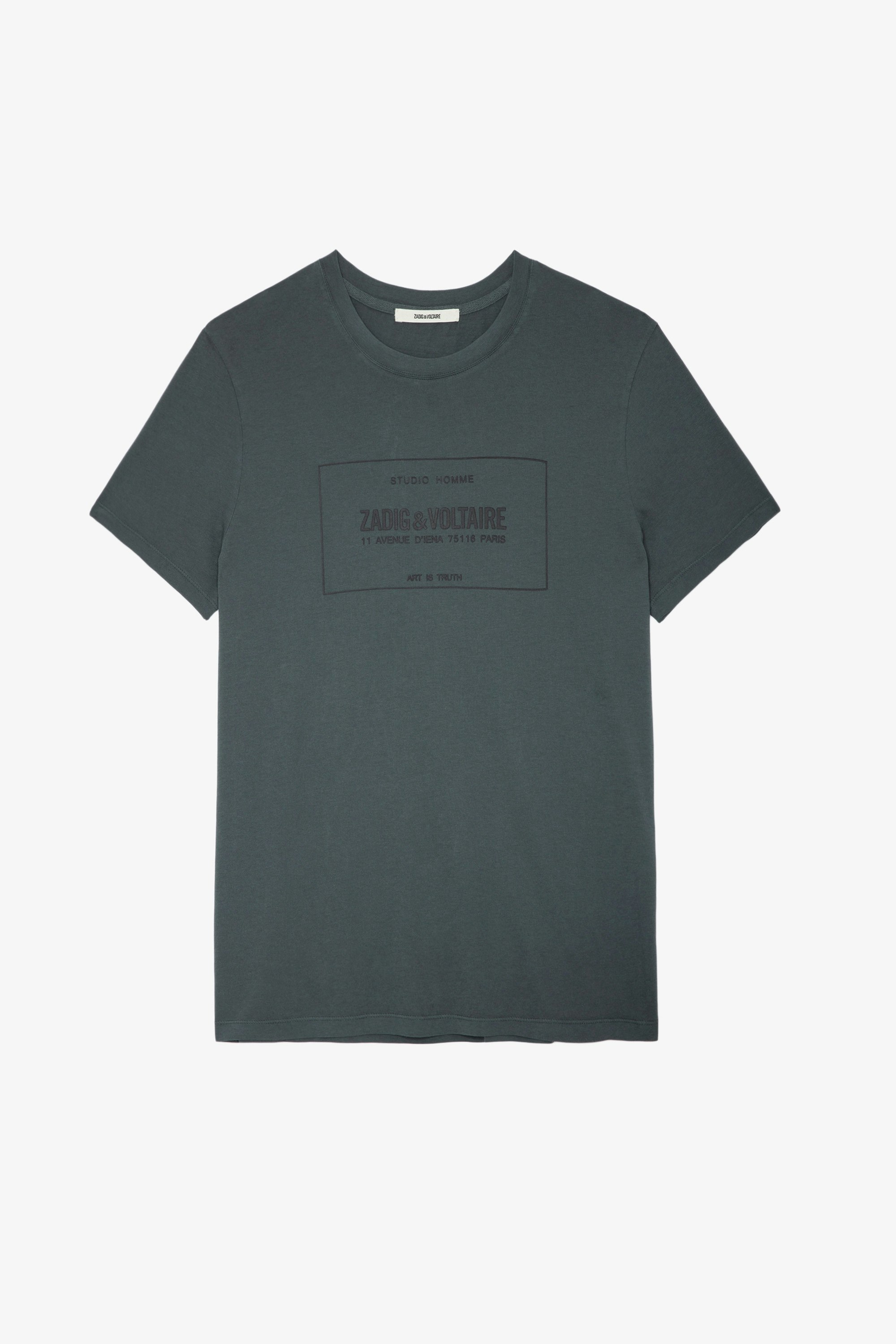 Ted T-Shirt - Men’s verdigris cotton T-shirt with studio insignia.