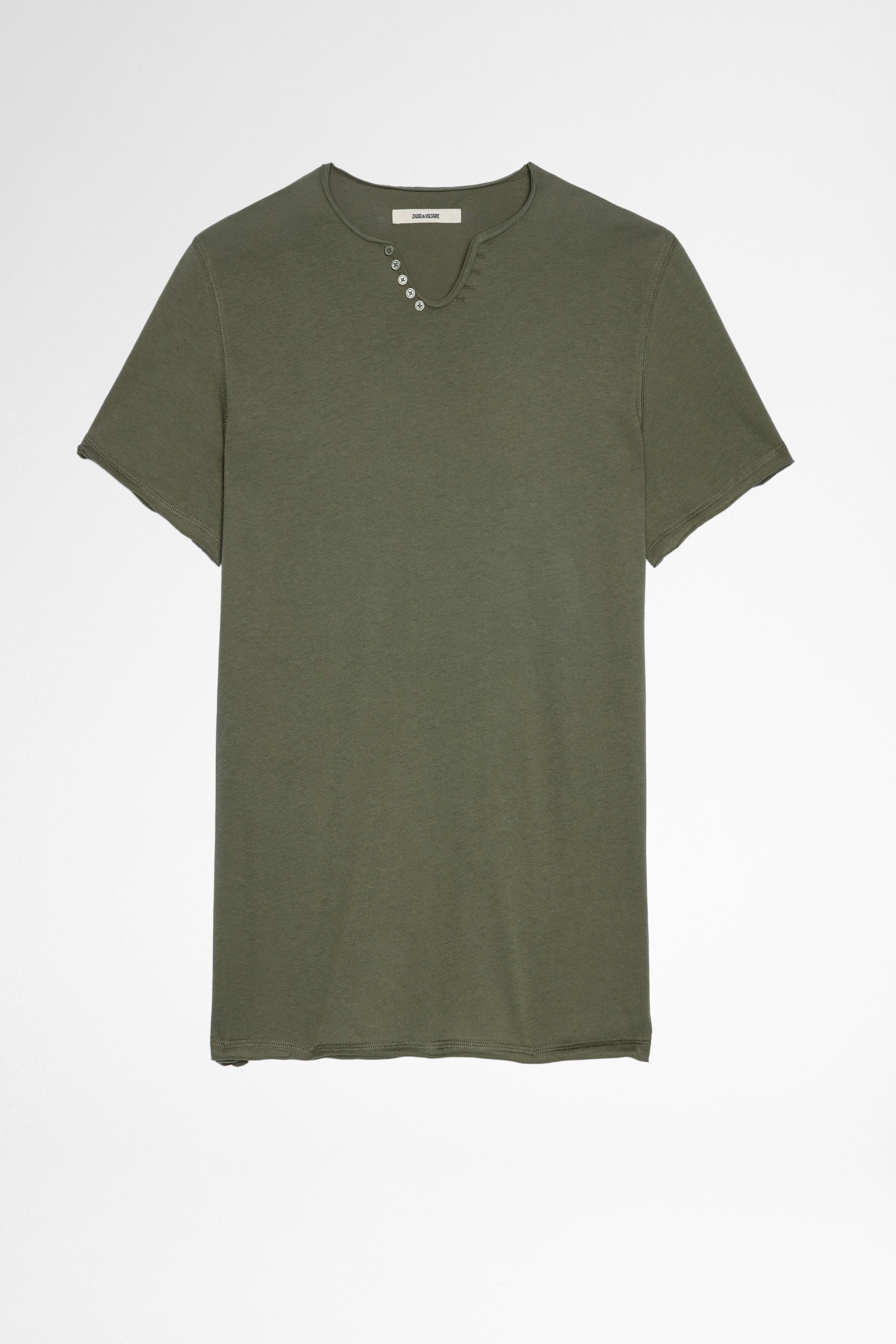 T-shirt Monastir T-shirt in cotone color kaki con collo a serafino, uomo. Questo prodotto é certificato GOTS e realizzato con fibre provenienti da agricoltura biologica