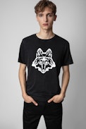 Camiseta Tommy - Camiseta negra de algodón con estampado de lobo para hombre