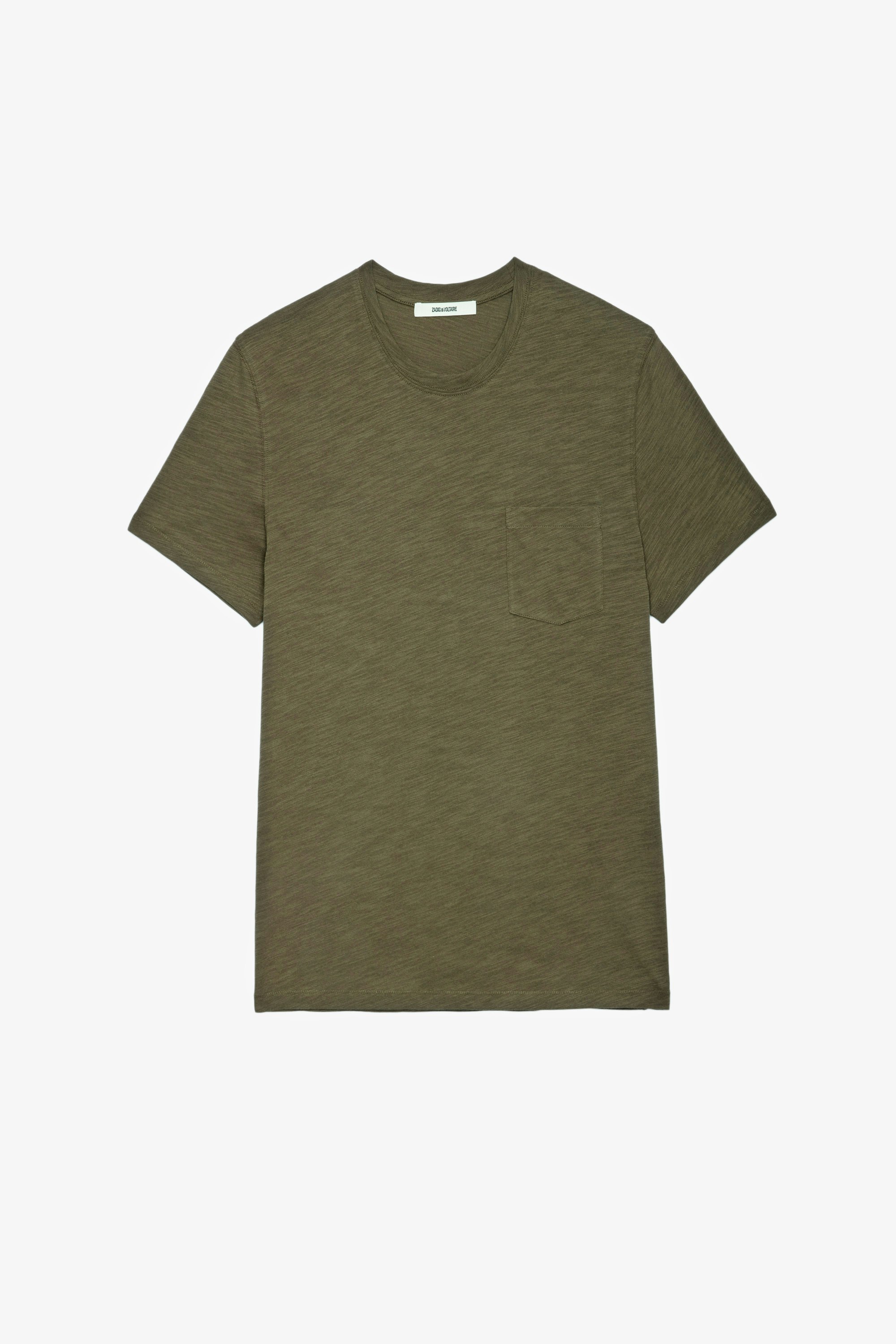 T-Shirt Stockholm Geflammt Herren-T-Shirt aus khakifarbener, geflammter Baumwolle mit Totenkopfmotiv auf dem Rücken
