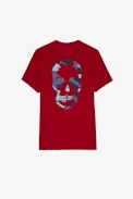 Camiseta Stockholm Jaspeada - Camiseta de hombre de algodón jaspeado roja adornada con una calavera en la espalda
