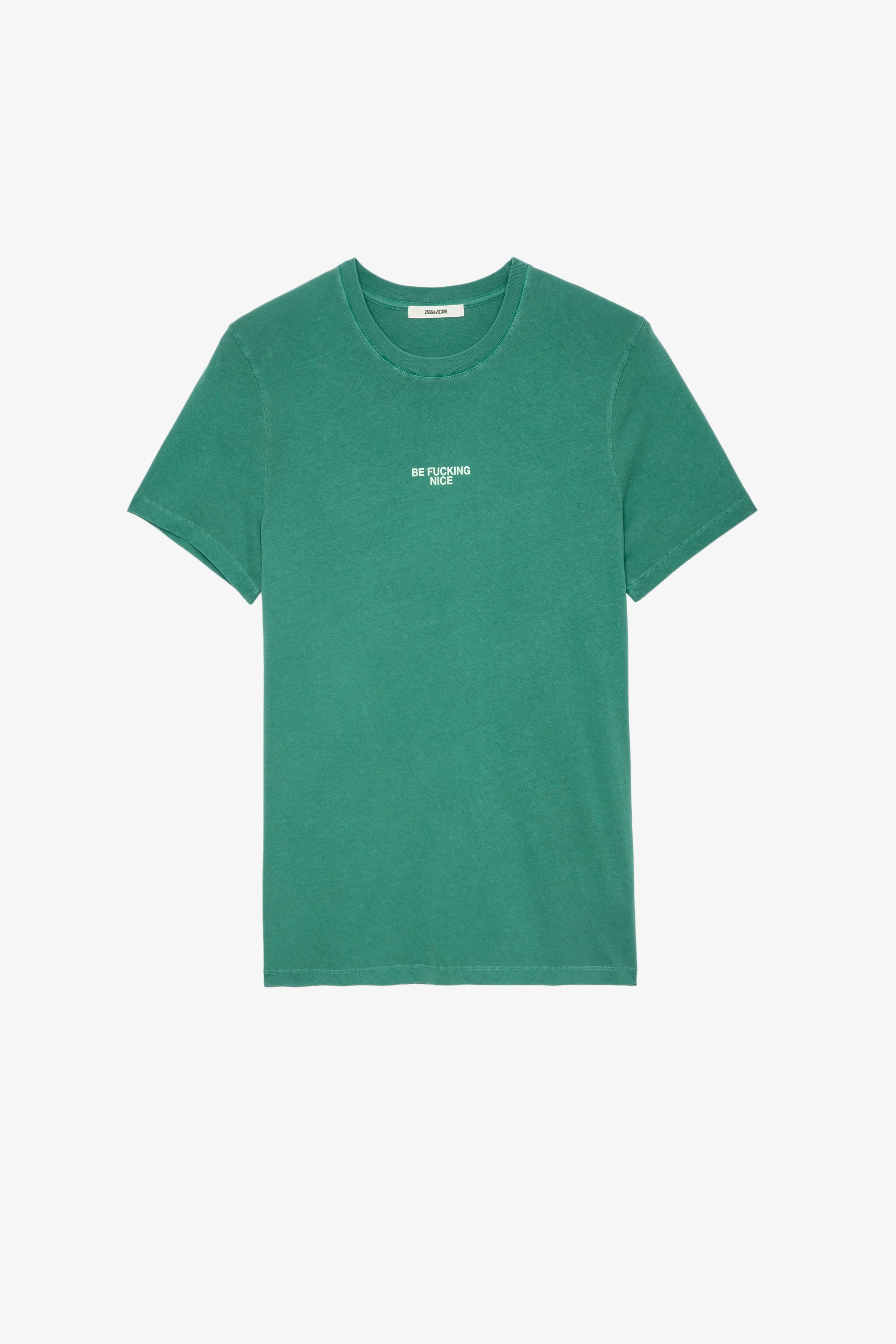 Camiseta Ted Camiseta verde de algodón para hombre con mensaje «Be fucking nice»