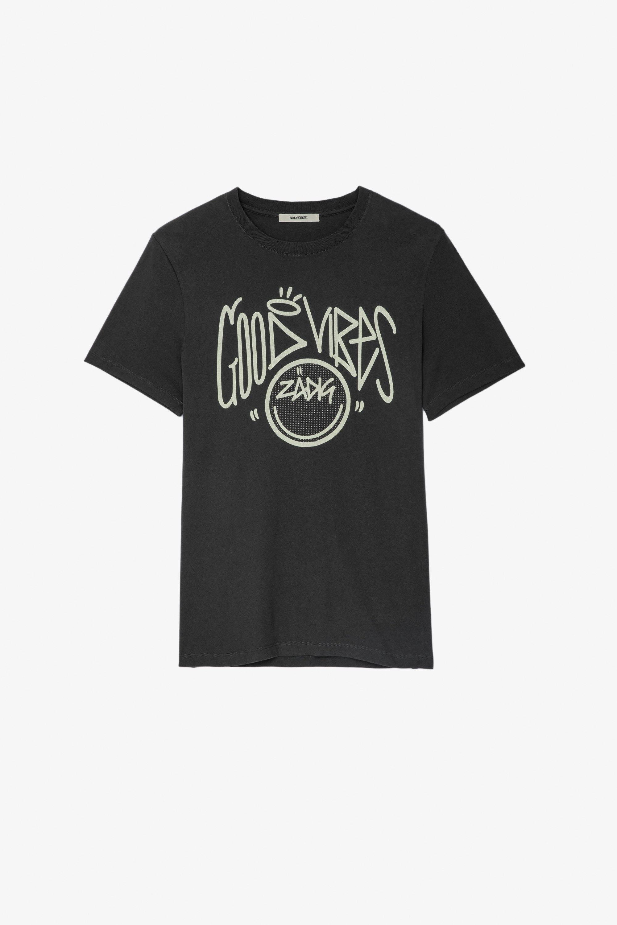 T-Shirt Tommy Herren-T-Shirt aus grauer Baumwolle mit „Good Vibes“-Schriftzug und kristallverziertem „Happy Face Zadig“-Motiv