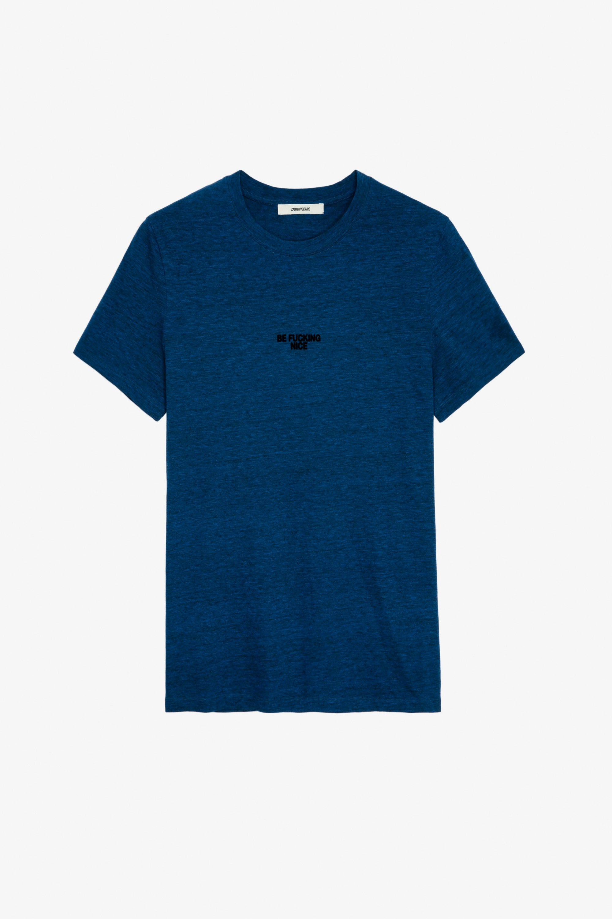 Tommy T-shirt - Men’s blue T-shirt with “Be Fucking Nice” slogan.