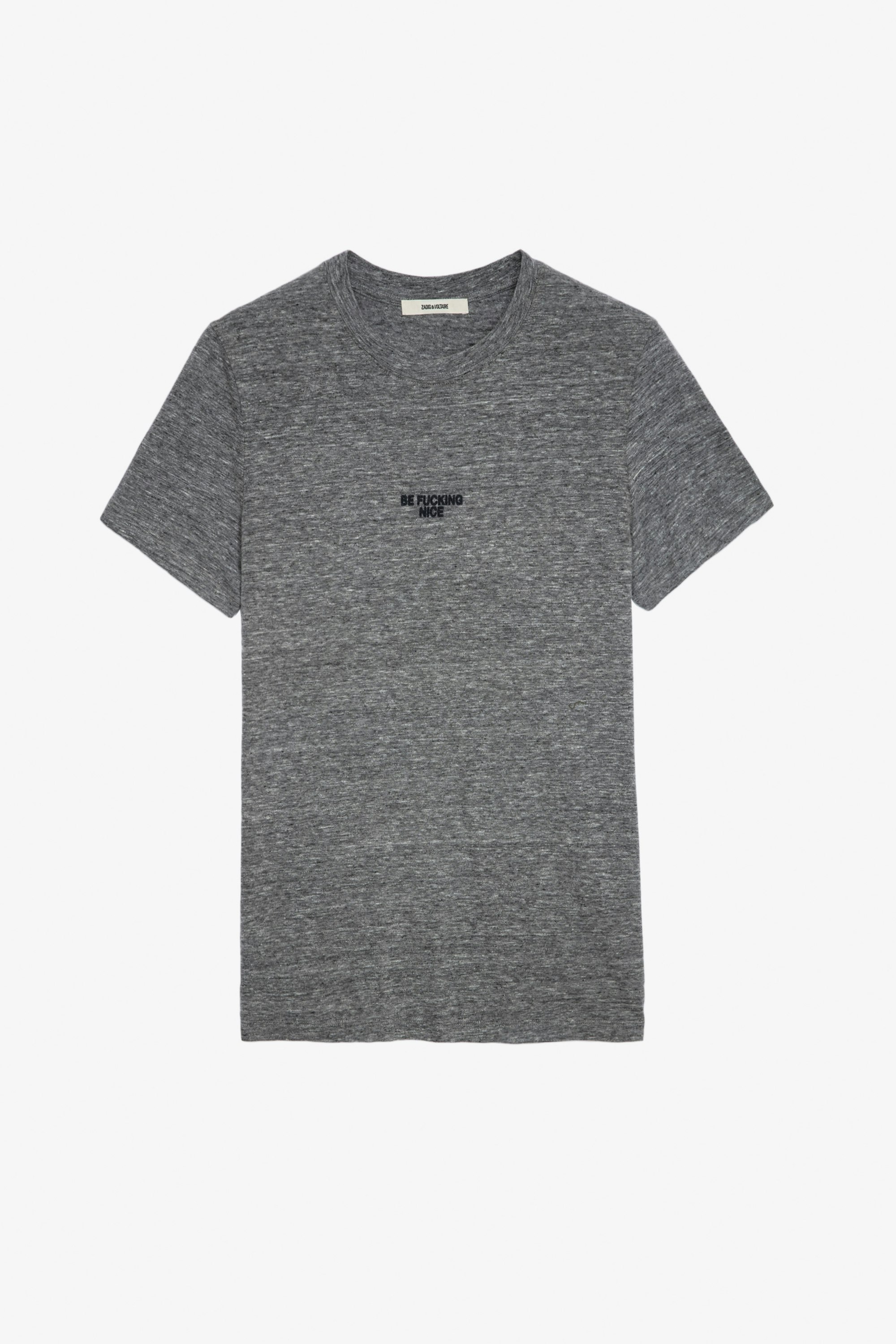 Tommy T-shirt - Men’s grey marl cotton T-shirt with “Be Fucking Nice” slogan.