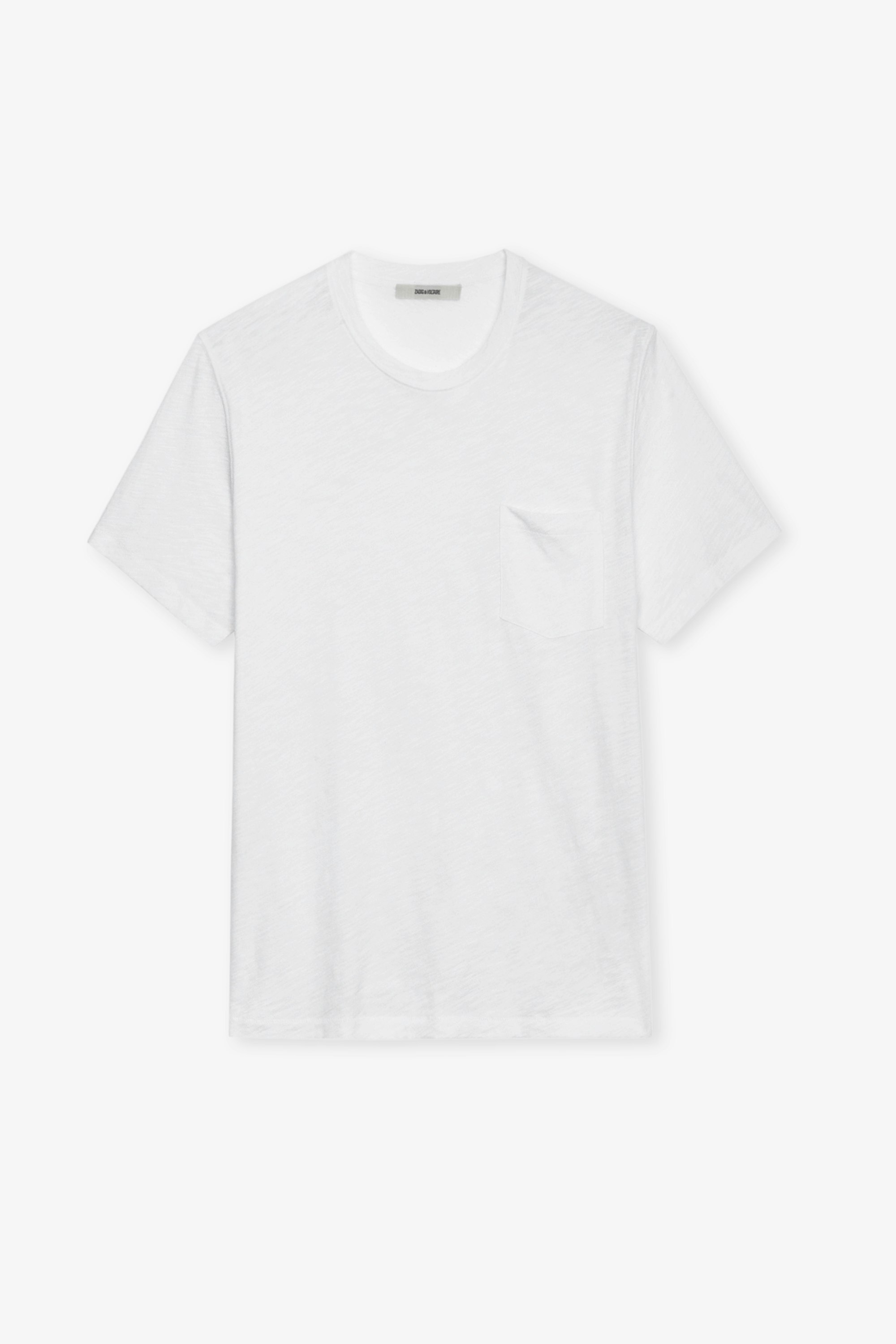 Camiseta Stockholm Flamme - Camiseta blanca de algodón jaspeado para hombre con bolsillo en el pecho y estampado Skull en la espalda.