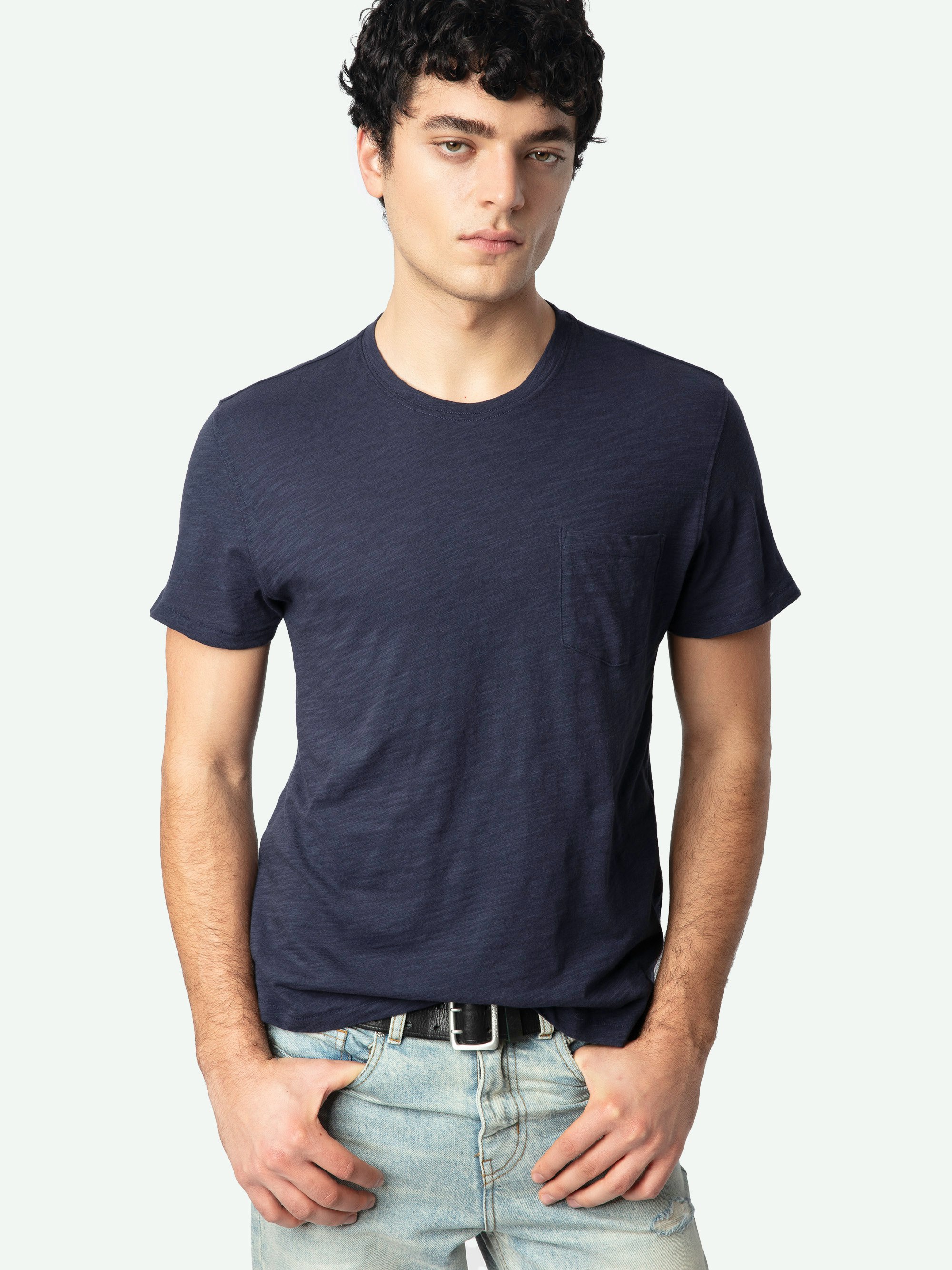 Stockholm T-shirt - Navy blue slub cotton short-sleeved T-shirt with pocket and Skull Block motif on the back.