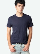 Stockholm T-shirt - Navy blue slub cotton short-sleeved T-shirt with pocket and Skull Block motif on the back.