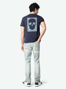 Stockholm T-shirt - Navy blue slub cotton short-sleeved T-shirt with pocket and Skull Block motif on the back.