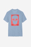 T-shirt Stoccolma - T-shirt da uomo in cotone fiammato grigio con tasca sul petto e motivo Skull sul retro.