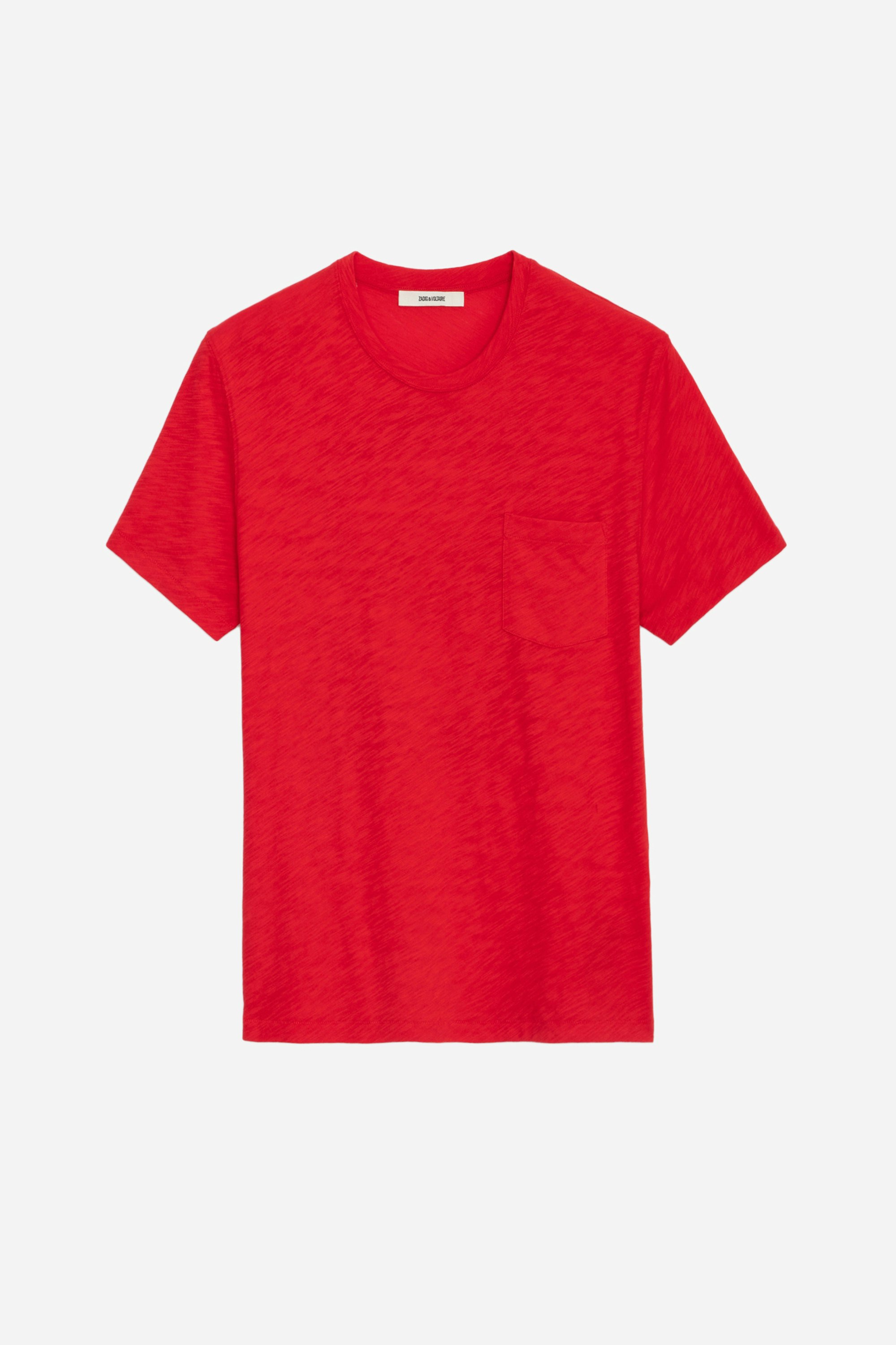 T-shirt Stockholm fiammato - T-shirt in cotone fiammato rossa con tasca sul petto e motivo Skull sul retro da uomo.