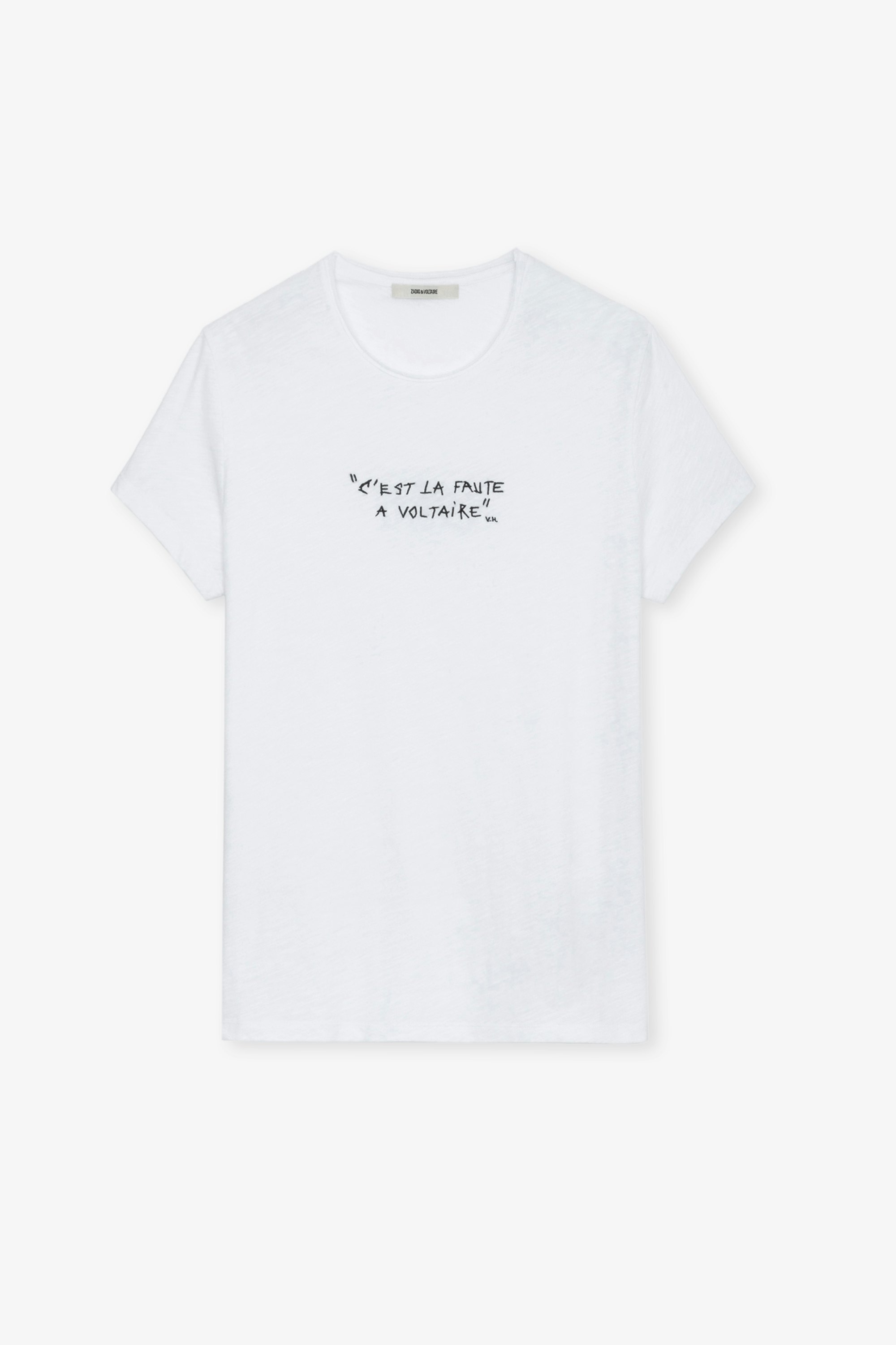 Toby Slub T-shirt - Men’s white slub cotton T-shirt with the slogan “C’est la faute à Voltaire”.