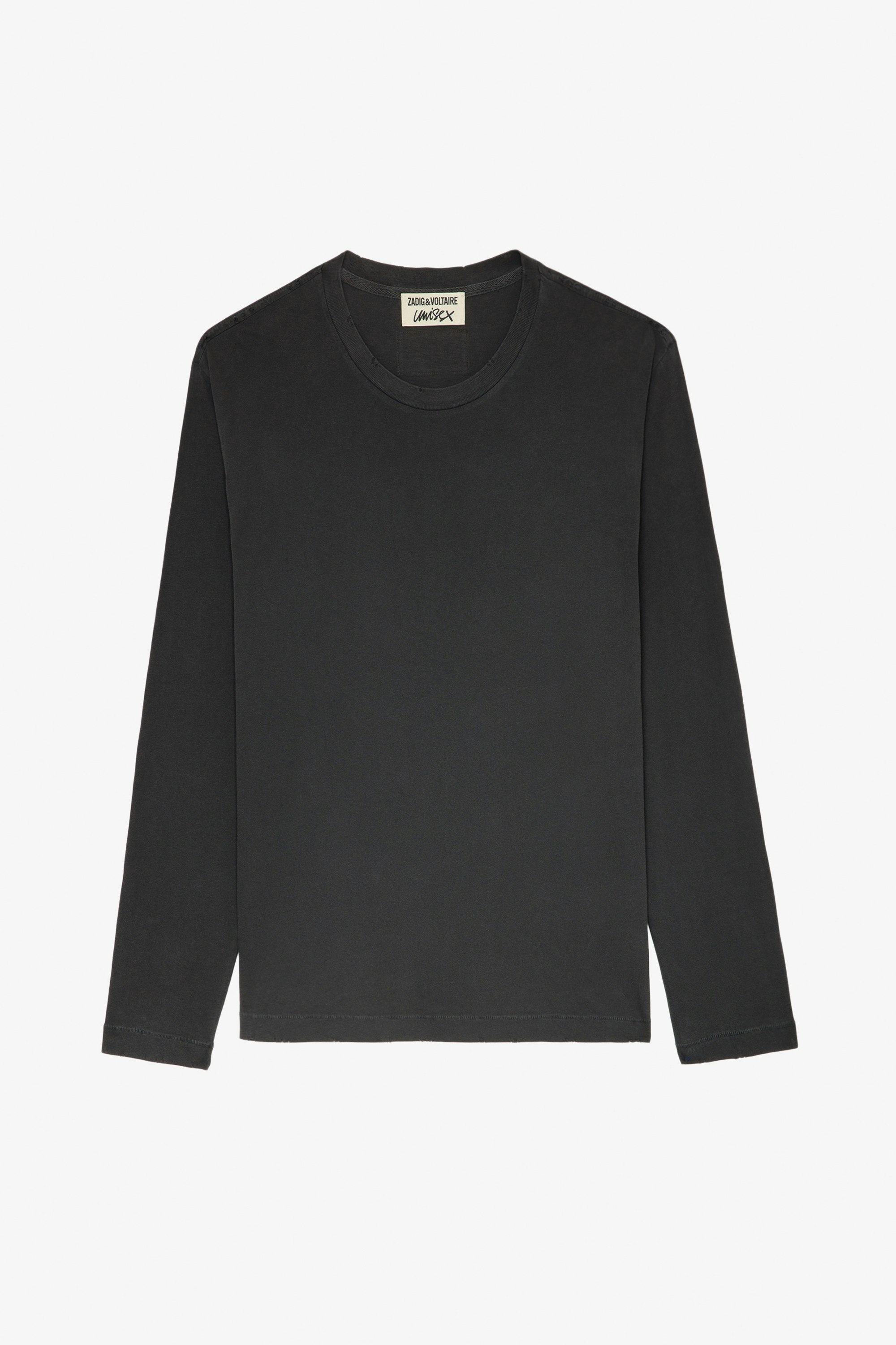 Camiseta Ellon - Camiseta unisex de algodón en gris oscuro de manga larga con insignia de blasón del estudio en la espalda.