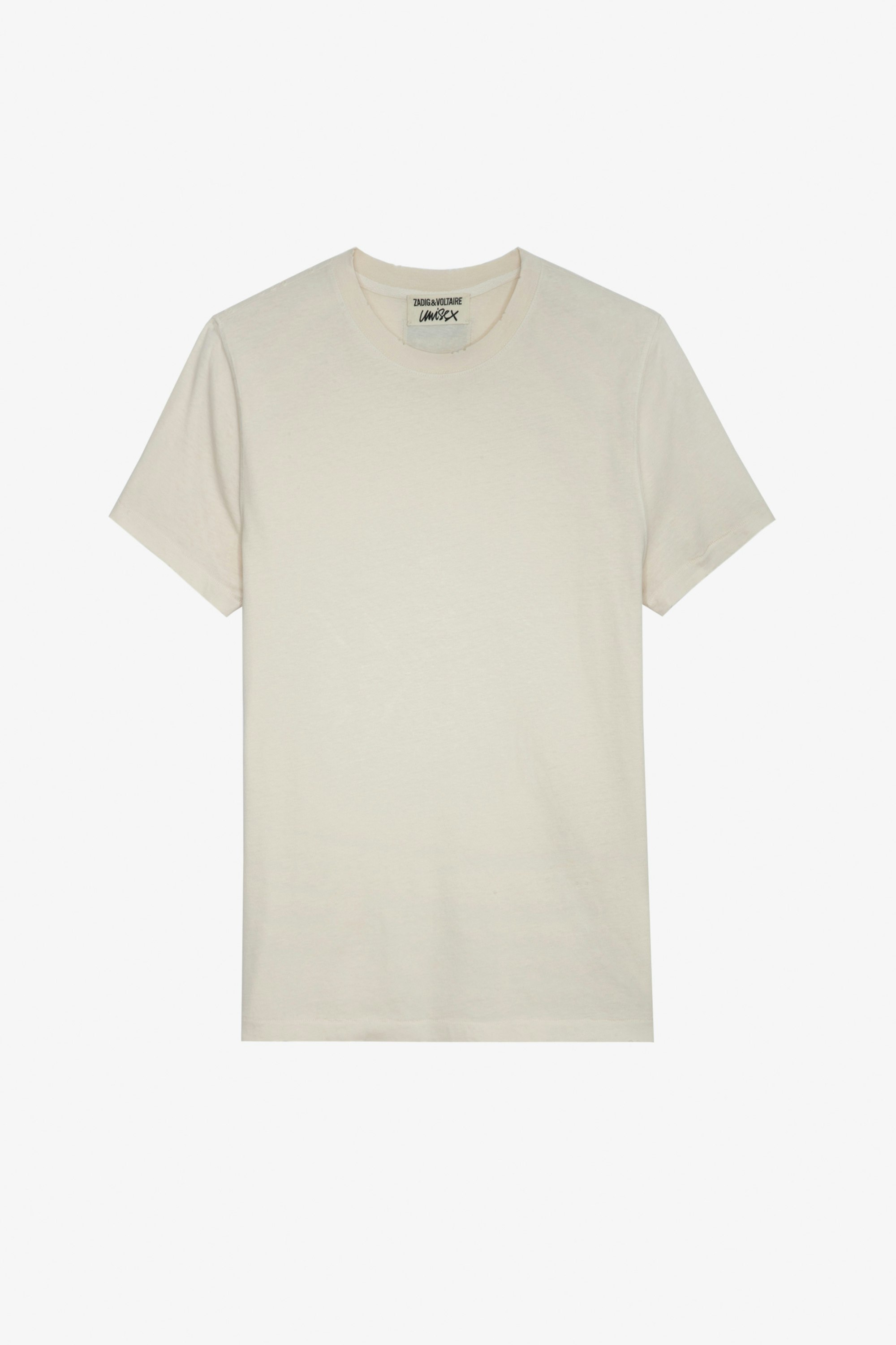 Camiseta Jimmy - Camiseta unisex de algodón en color crudo con insignia de blasón del estudio en la espalda.