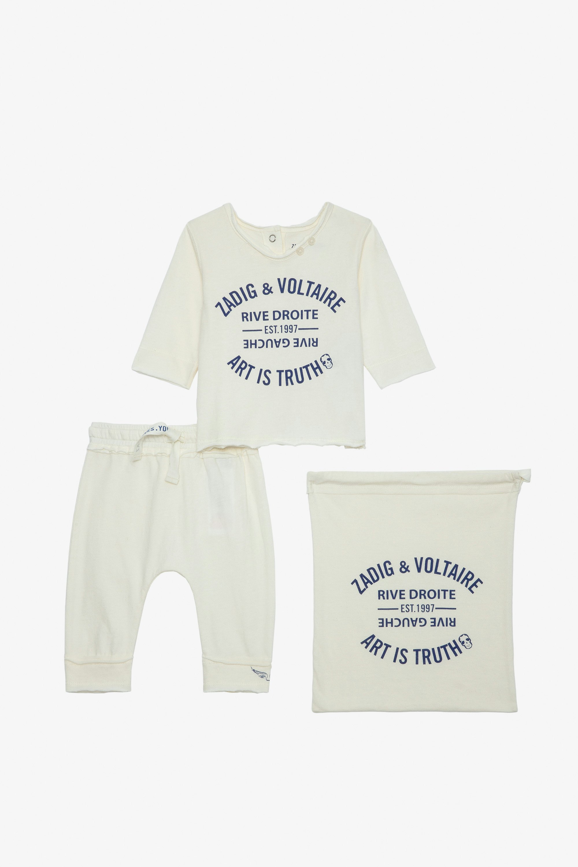 Boxy Baby Set - Ecru cotton jersey T-shirt and trousers two-piece baby set with insignia.
