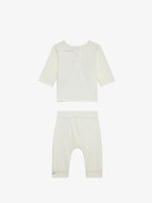 Boxy Baby Set - Ecru cotton jersey T-shirt and trousers two-piece baby set with insignia.
