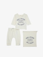 Boxy Baby Set - Ecru cotton jersey T-shirt and trousers two-piece baby set with insignia.