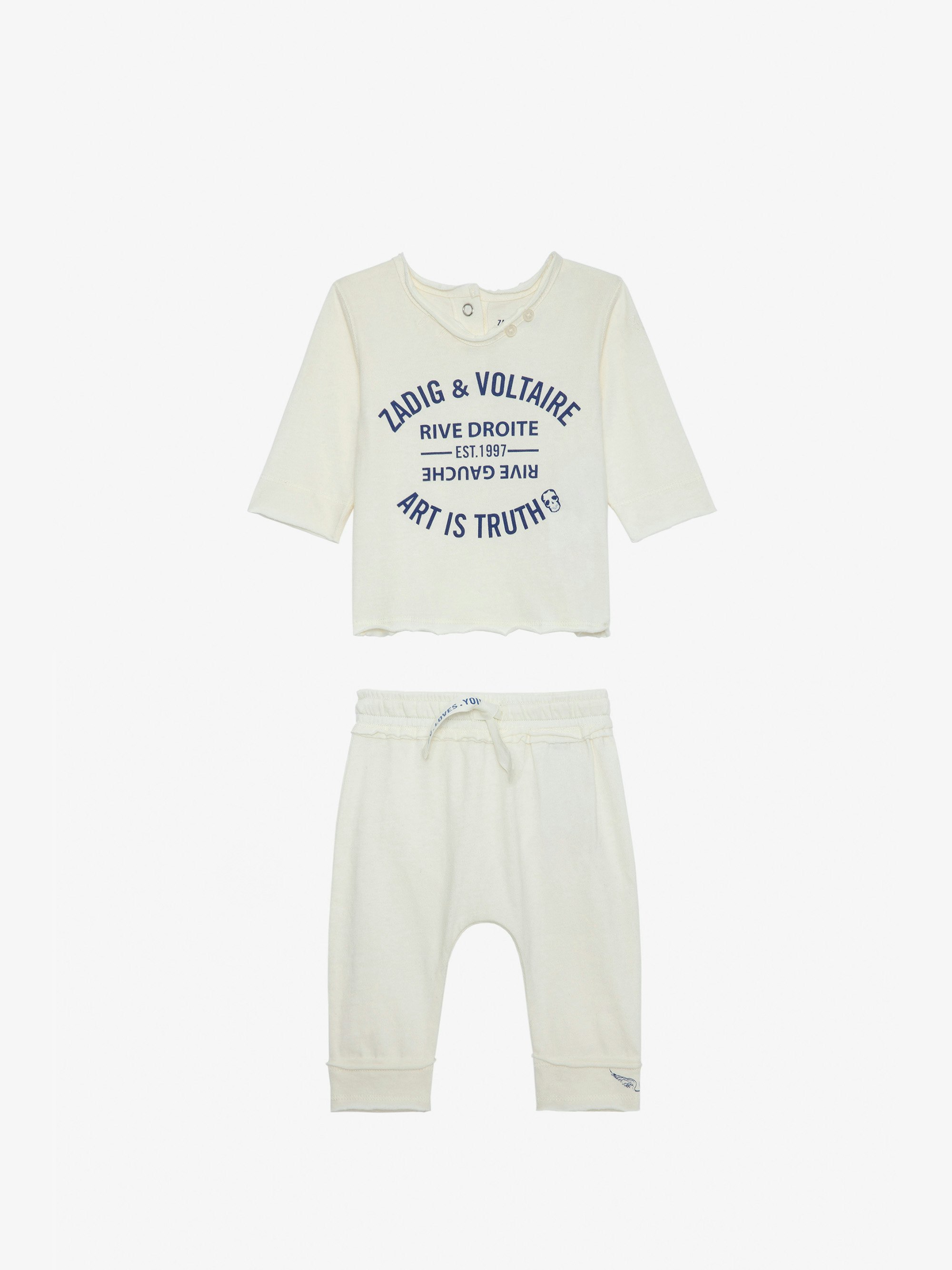 Completo Boxy Neonato - Completo t-shirt e pantaloni in jersey di cotone ecru con stemma da neonato.