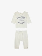 Boxy Baby Set - Ecru cotton jersey T-shirt and trousers two-piece baby set with insignia.