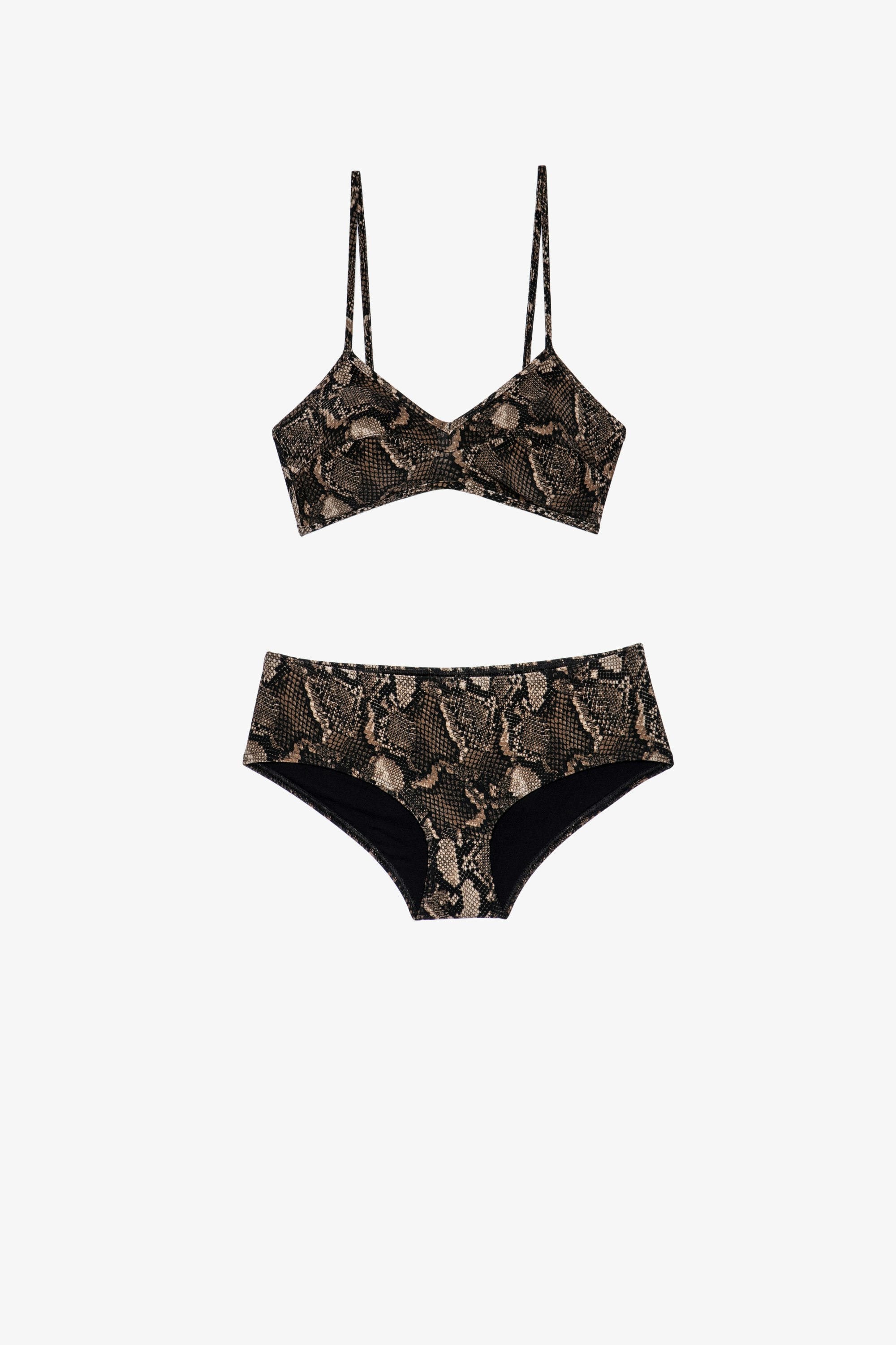 Snake print crop トップス 水着 2-piece women's snake print crop top swimsuit in brown