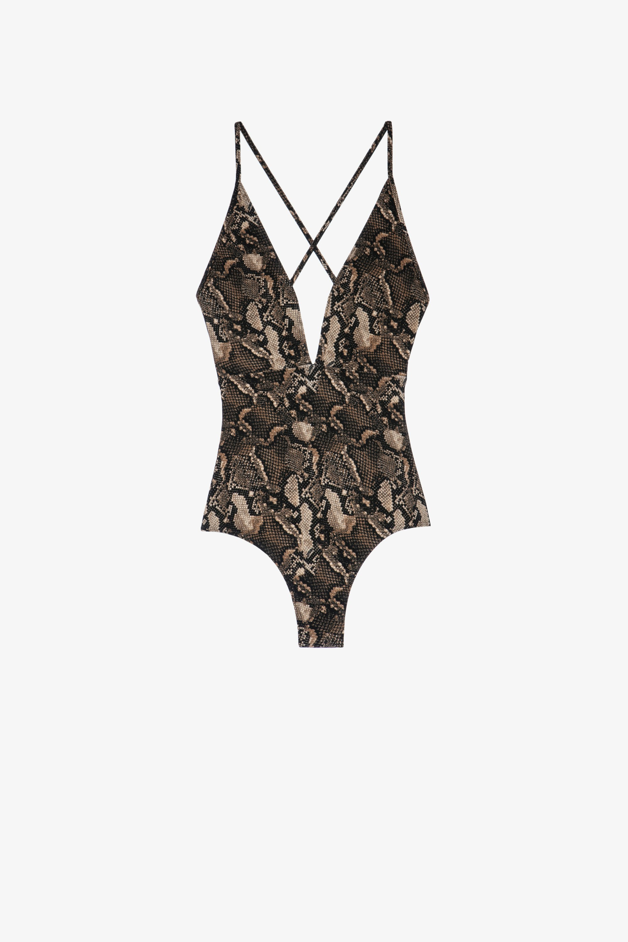 Low-neck snake print 水着 1-piece women's snake print swimsuit in brown
