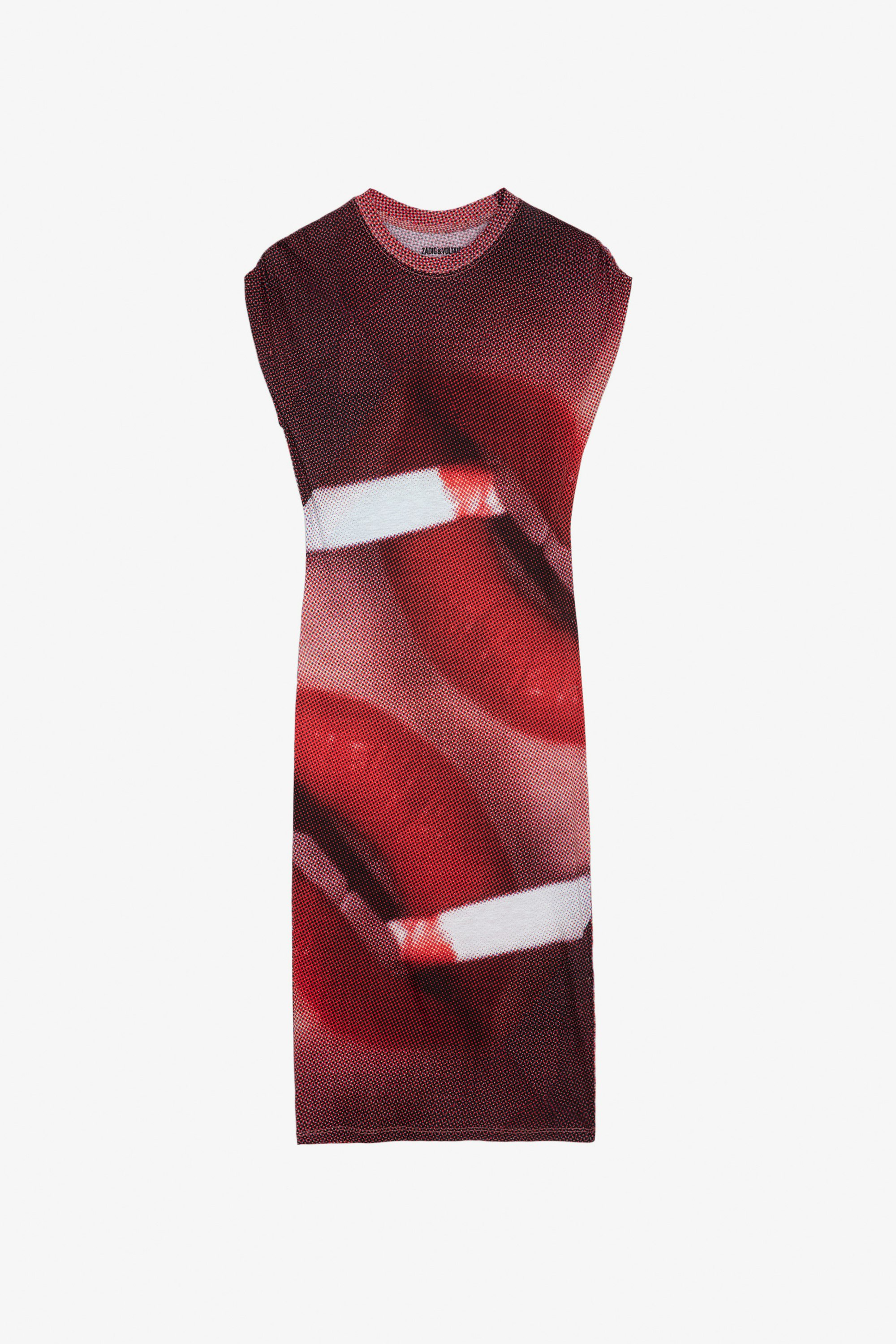 Kleid Adoni - Mehrfarbiges, langes Kleid mit kurzen, gerafften Ärmeln, „Double Lips XXL“-Print und Flügelmotiv.
