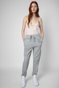 Pantalón Sofia Band of Sisters - Pantalón de mujer de algodón gris jaspeado adornado con inscripciones Band of Sisters