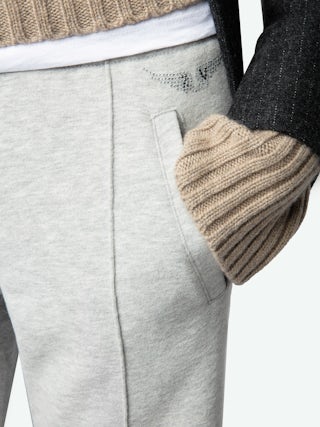Chill Jogging Trousers - Straight, wide-leg light heather grey fleece joggers with pockets and ZV signature rhinestone wings.