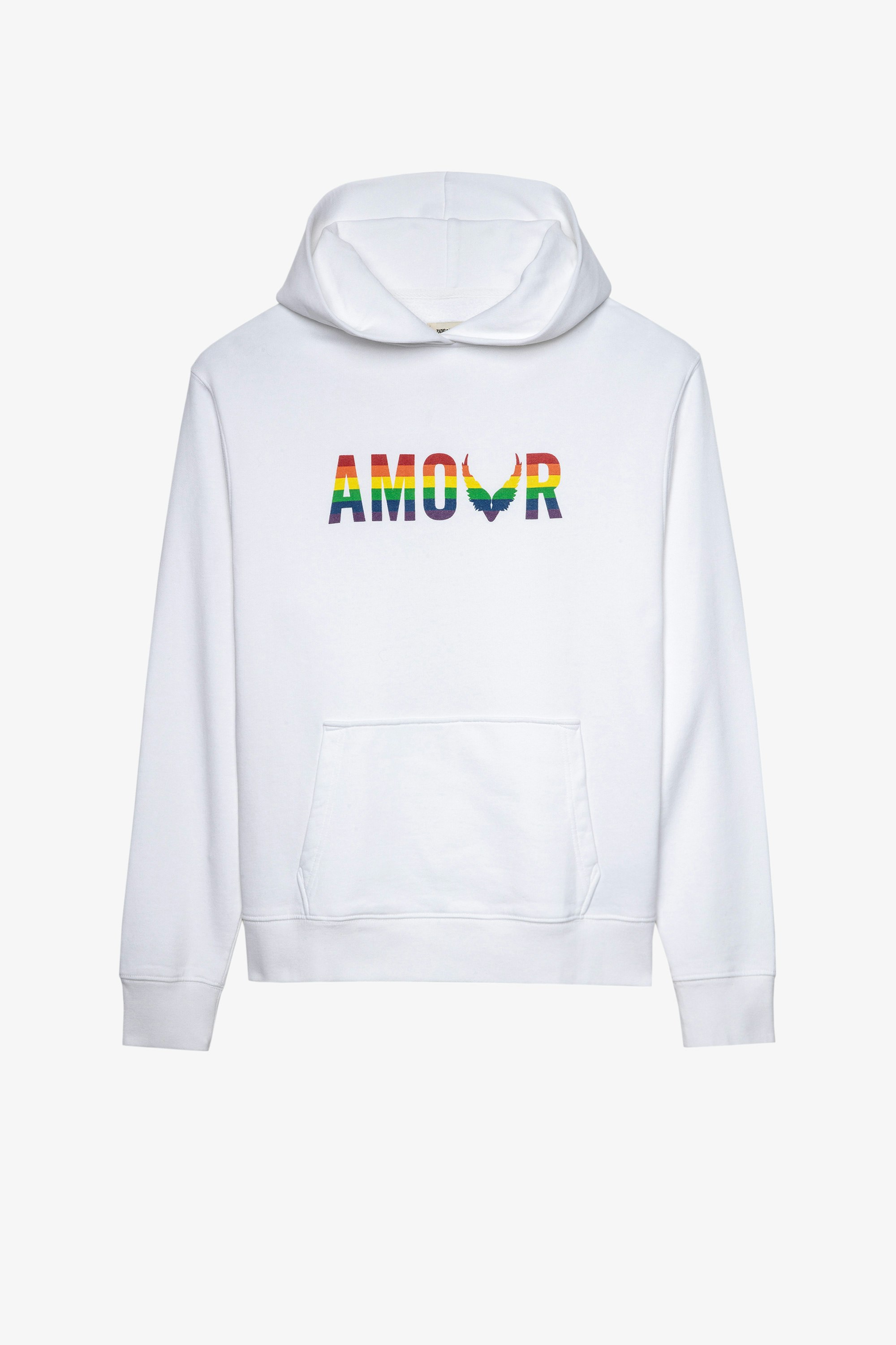 Sanchi Amour Wings Sweatshirt Women’s white cotton hooded sweatshirt with multicoloured Amour print