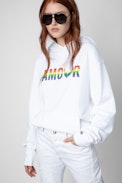 Felpa Sanchi Amour wings - Felpa in cotone bianco con cappuccio e stampa Amour multicolore da donna.