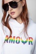 Felpa Sanchi Amour wings - Felpa in cotone bianco con cappuccio e stampa Amour multicolore da donna.