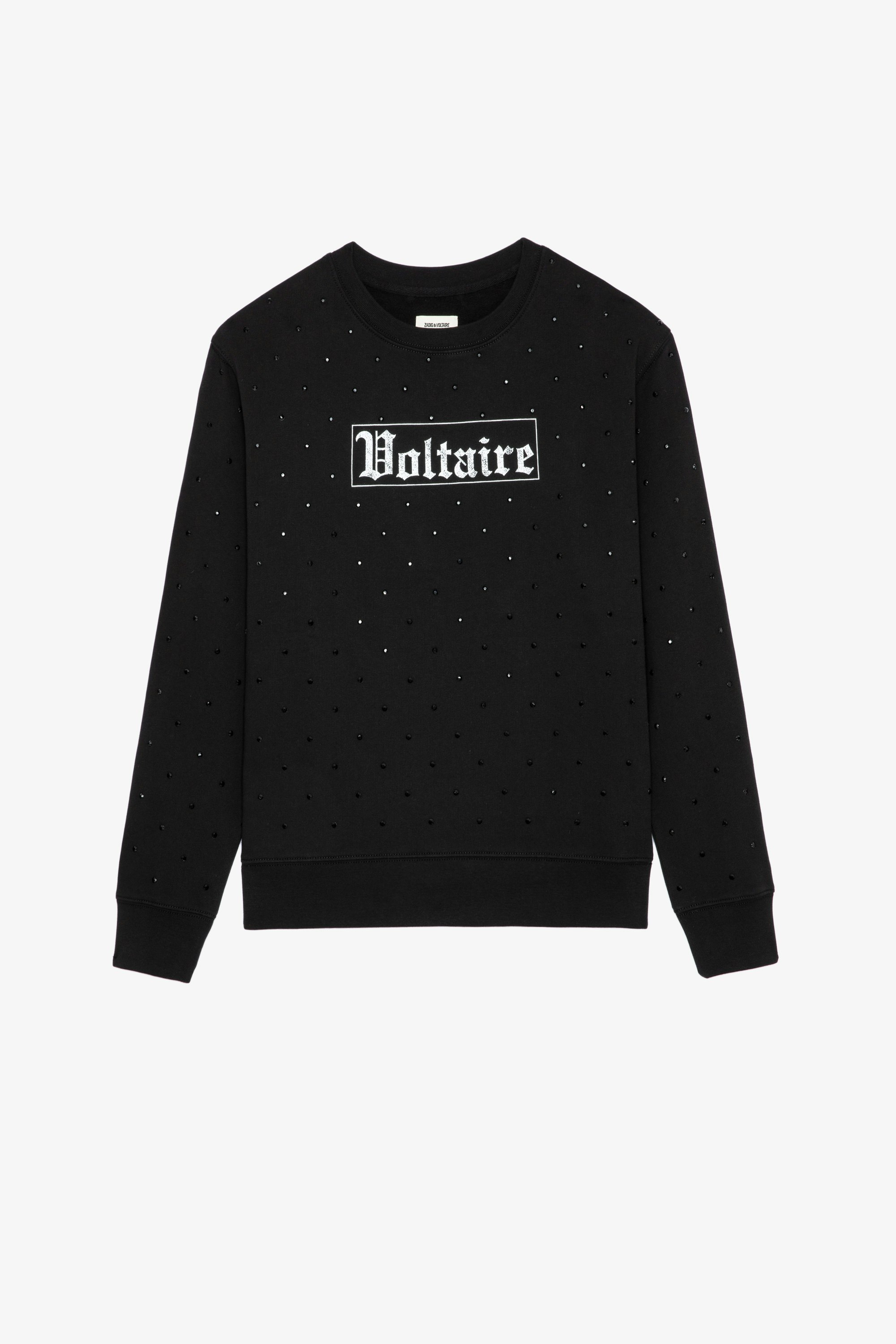 Sweatshirt Nala Schwarzes Damen-Sweatshirt aus Baumwolle mit Strasssteinen und Voltaire-Signatur