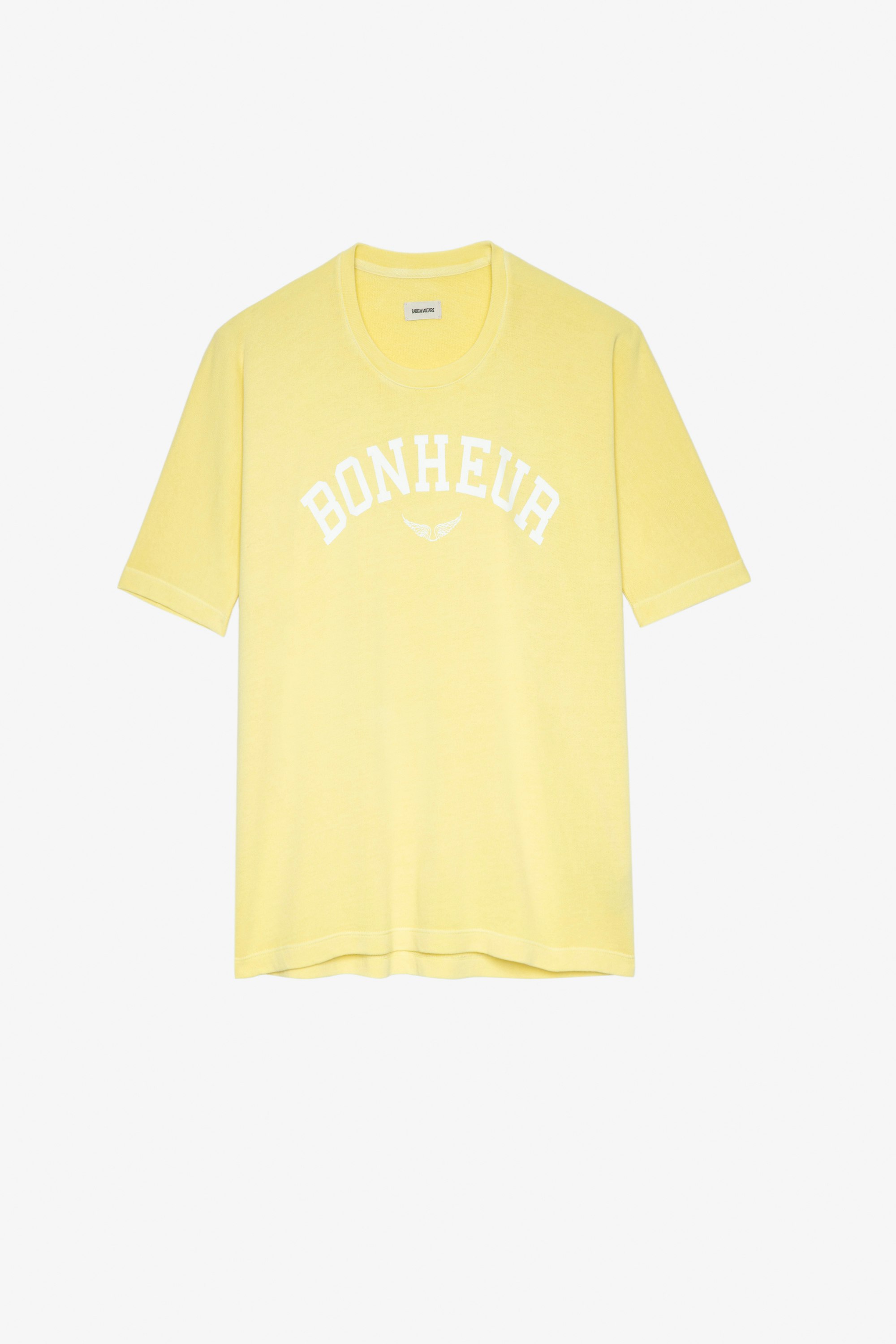 Portland Top Women's short-sleeved yellow top with wings and "Bonheur" slogan