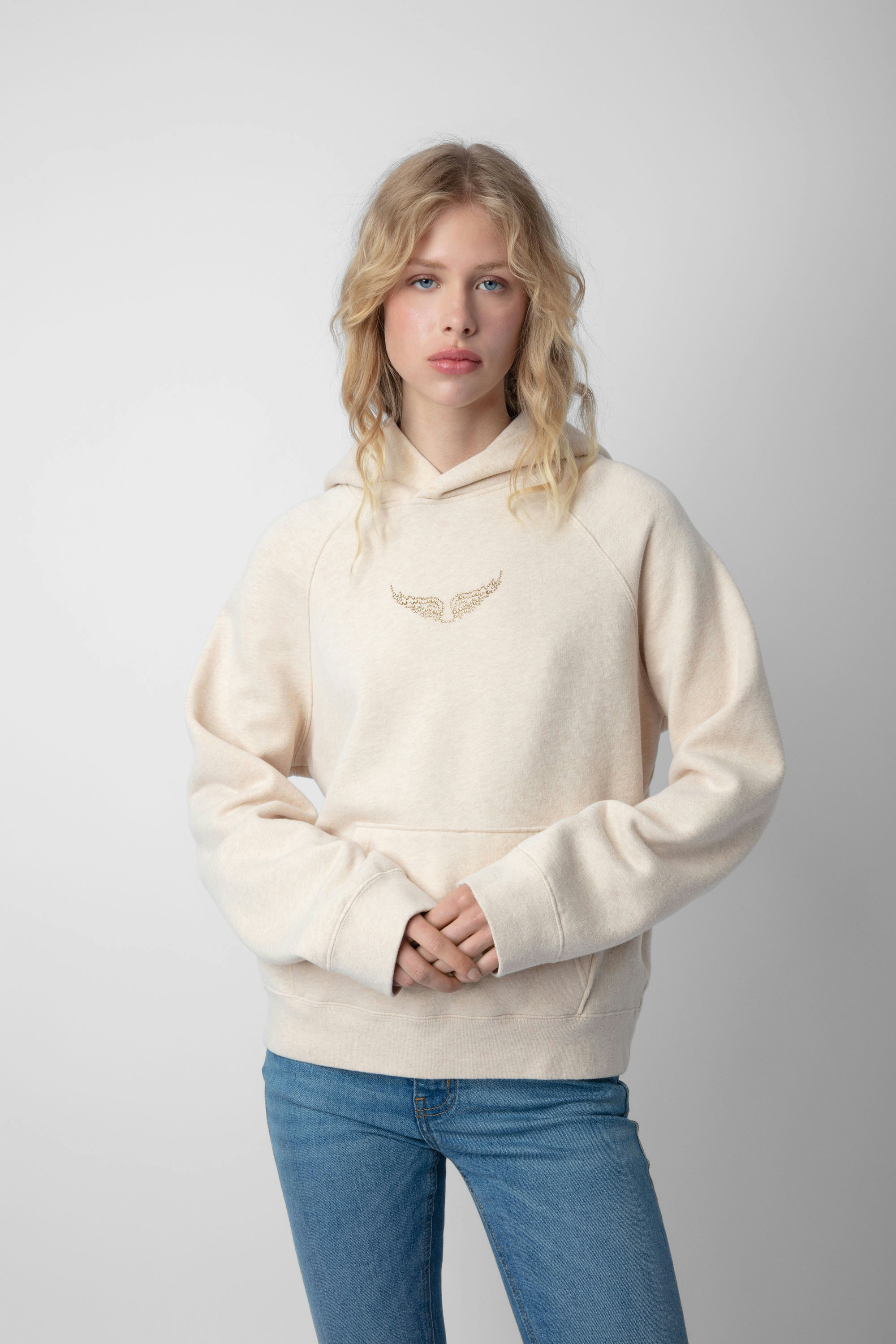 Sweatshirt Georgy Moon - Sweatshirt à capuche beige chiné orné d'ailes, d'un photoprint Moon et de strass.