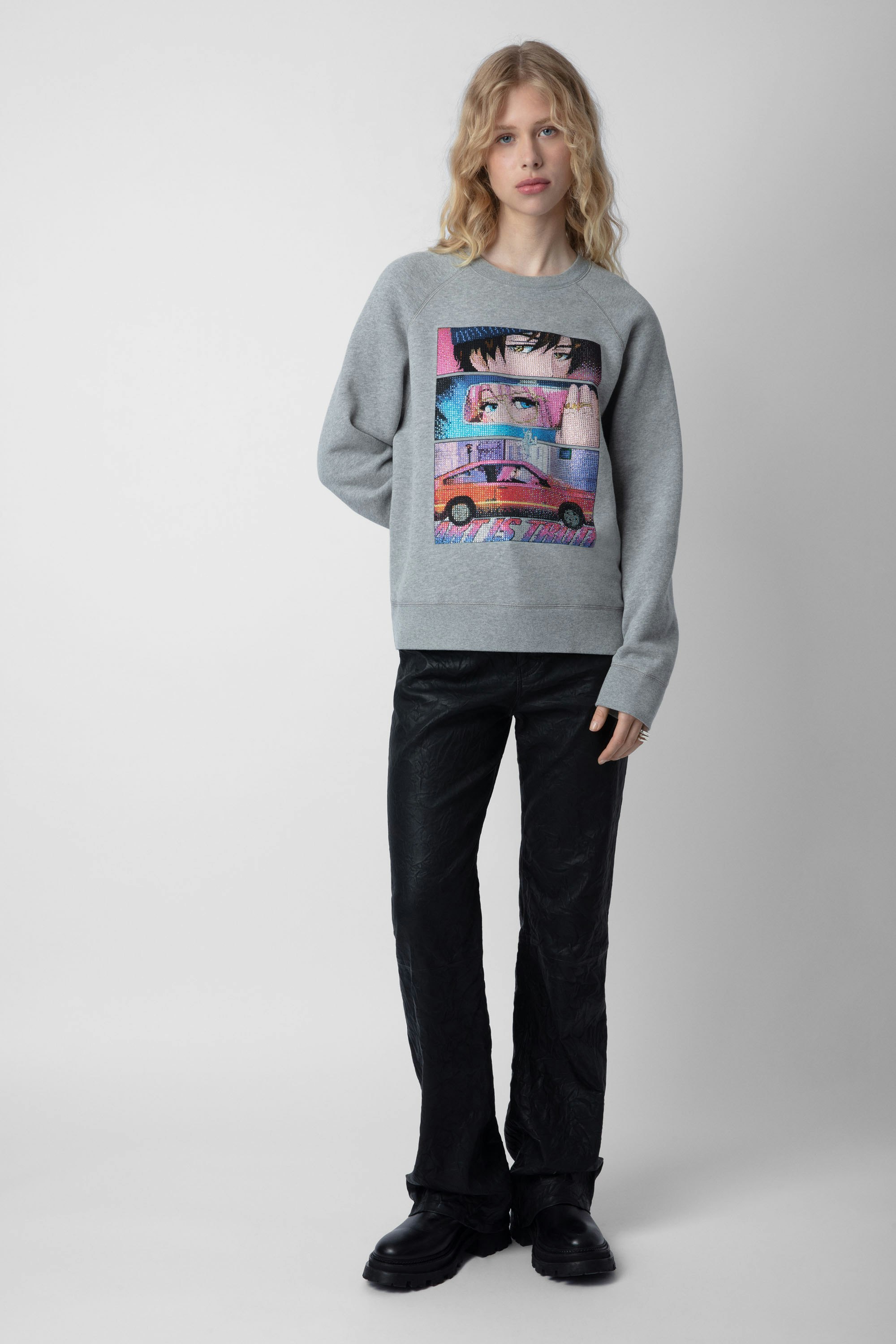 Upper Moon Sweatshirt - Women’s grey marl sweatshirt with Moon photo print and ZV signature with diamanté detail.