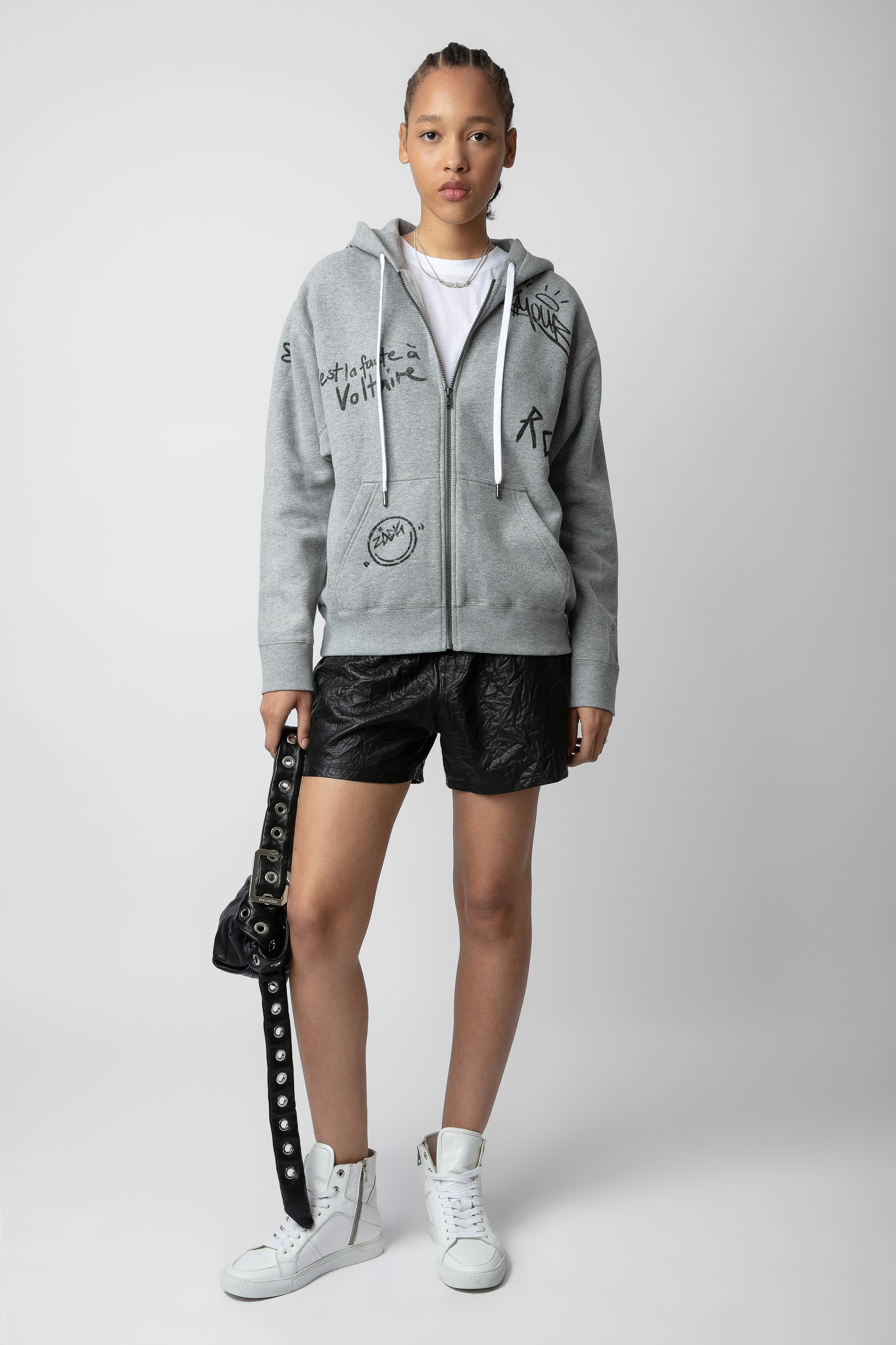 Spencer Diamanté Hoodie - Women’s marl grey zip-up hoodie with Zadig&Voltaire manifesto tags print.
