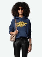 Georgy Sweatshirt - Navy blue fleece hooded sweatshirt with pocket with "Hello Stop Breaking Hearts" print on front.