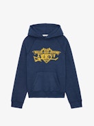 Georgy Sweatshirt - Navy blue fleece hooded sweatshirt with pocket with "Hello Stop Breaking Hearts" print on front.