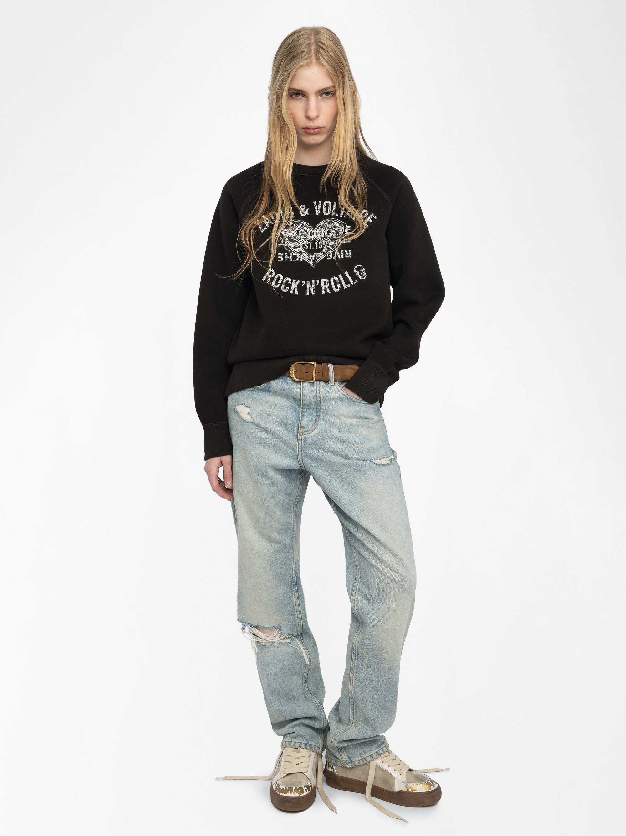 Upper Sweatshirt - Bold, effortless, and unapologetically Zadig. This chocolate brown sweatshirt is stamped with our signature ROCK 'N' ROLL manifesto and Rive Droite insignia in striking contrast print. A rebellious classic with a touch of Parisian edge—wear it your way, always.