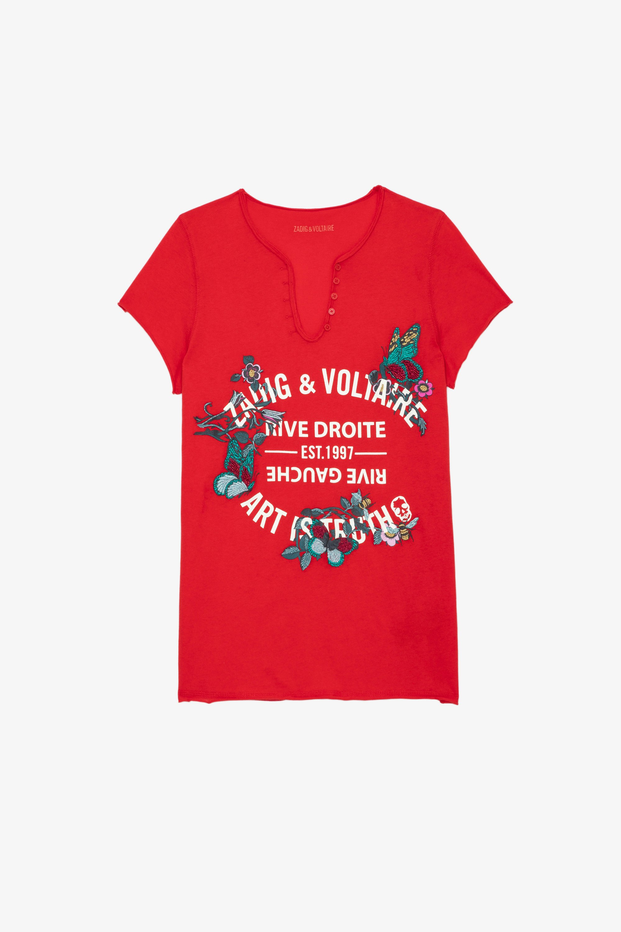 T-Shirt mit Henley-Ausschnitt Wappen Blumen Damen-T-Shirt mit Henley-Ausschnitt aus roter Baumwolle mit Wappenaufdruck und glitzernden Stickereien