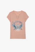 Guitare Diamanté Henley T-shirt - Women's pink cotton Henley T-shirt with guitar print and diamanté
