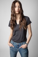 L'amour est déclaré Henley T-shirt - Carbon cotton T-shirt with Henley neckline and “L'amour est déclaré” in diamanté on the back