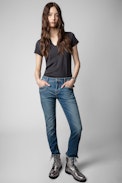 L'amour est déclaré Henley T-shirt - Carbon cotton T-shirt with Henley neckline and “L'amour est déclaré” in diamanté on the back