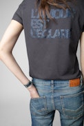 L'amour est déclaré Henley T-shirt - Carbon cotton T-shirt with Henley neckline and “L'amour est déclaré” in diamanté on the back