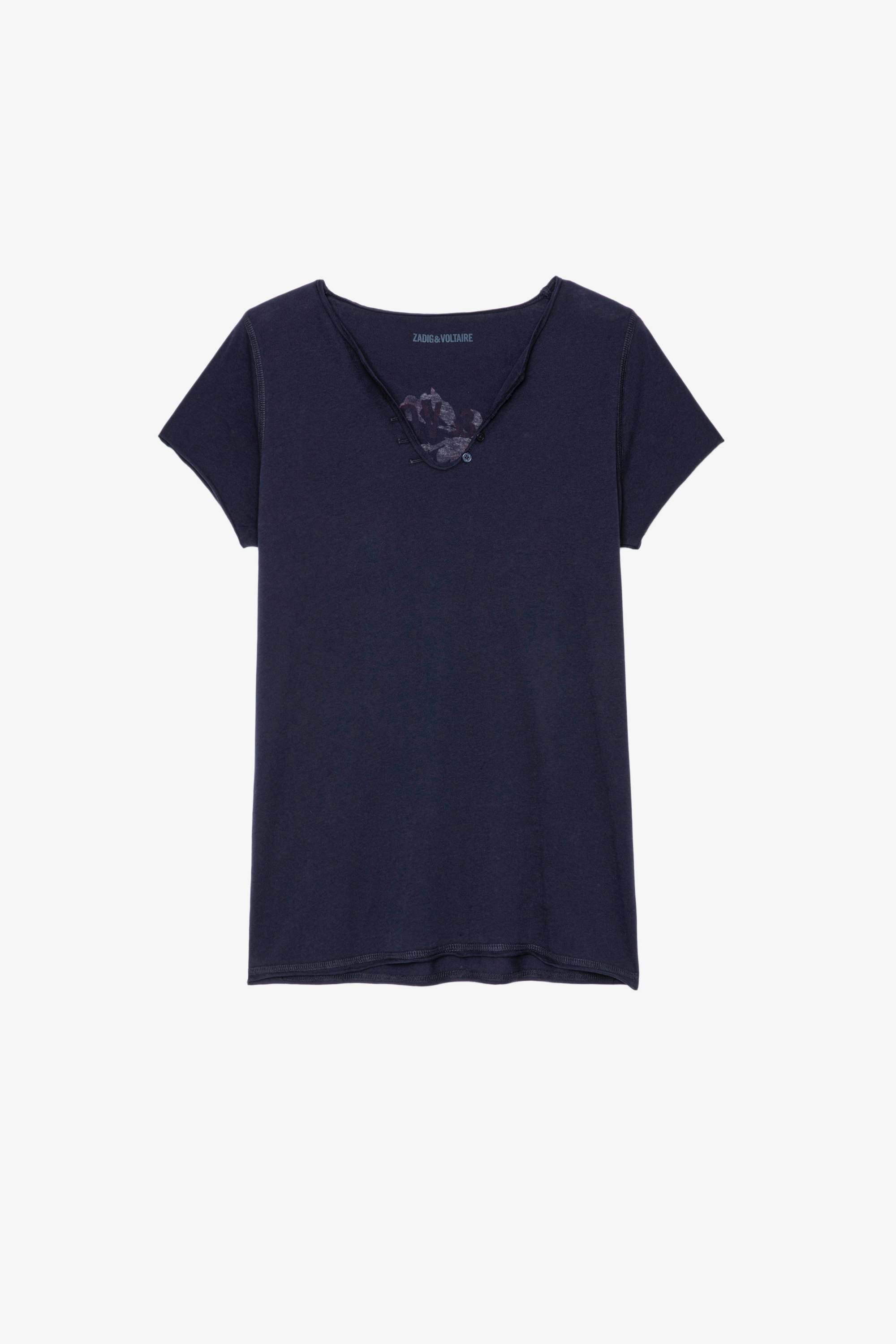 T-Shirt mit Henley-Ausschnitt Blason Damen-T-Shirt mit Henley-Ausschnitt aus marineblauer Baumwolle und mit dem Wappen und Kristallen auf dem Rücken