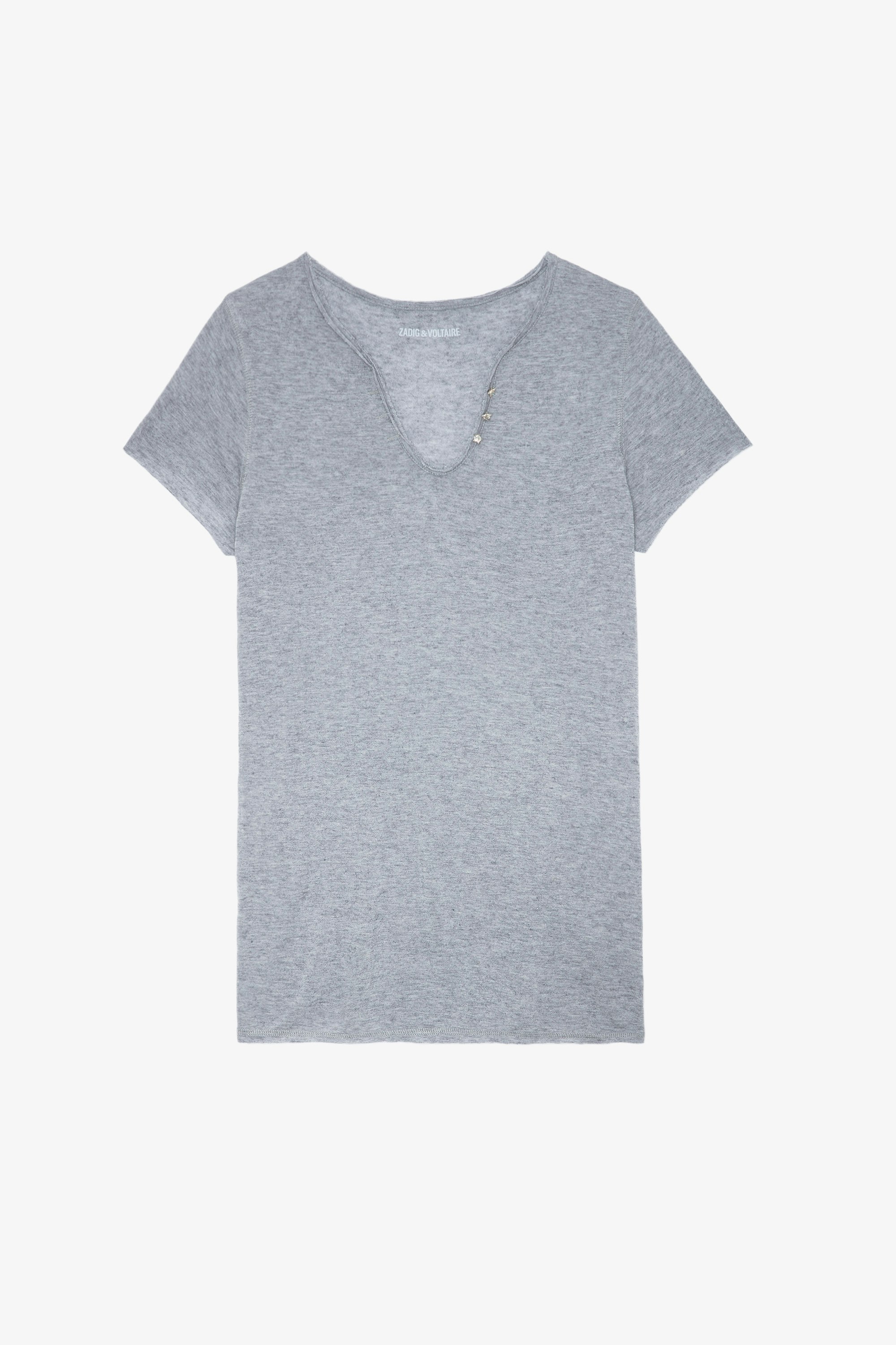 Jewellery Henley T-Shirt - Women’s marl grey Henley T-shirt with jewellery buttons.