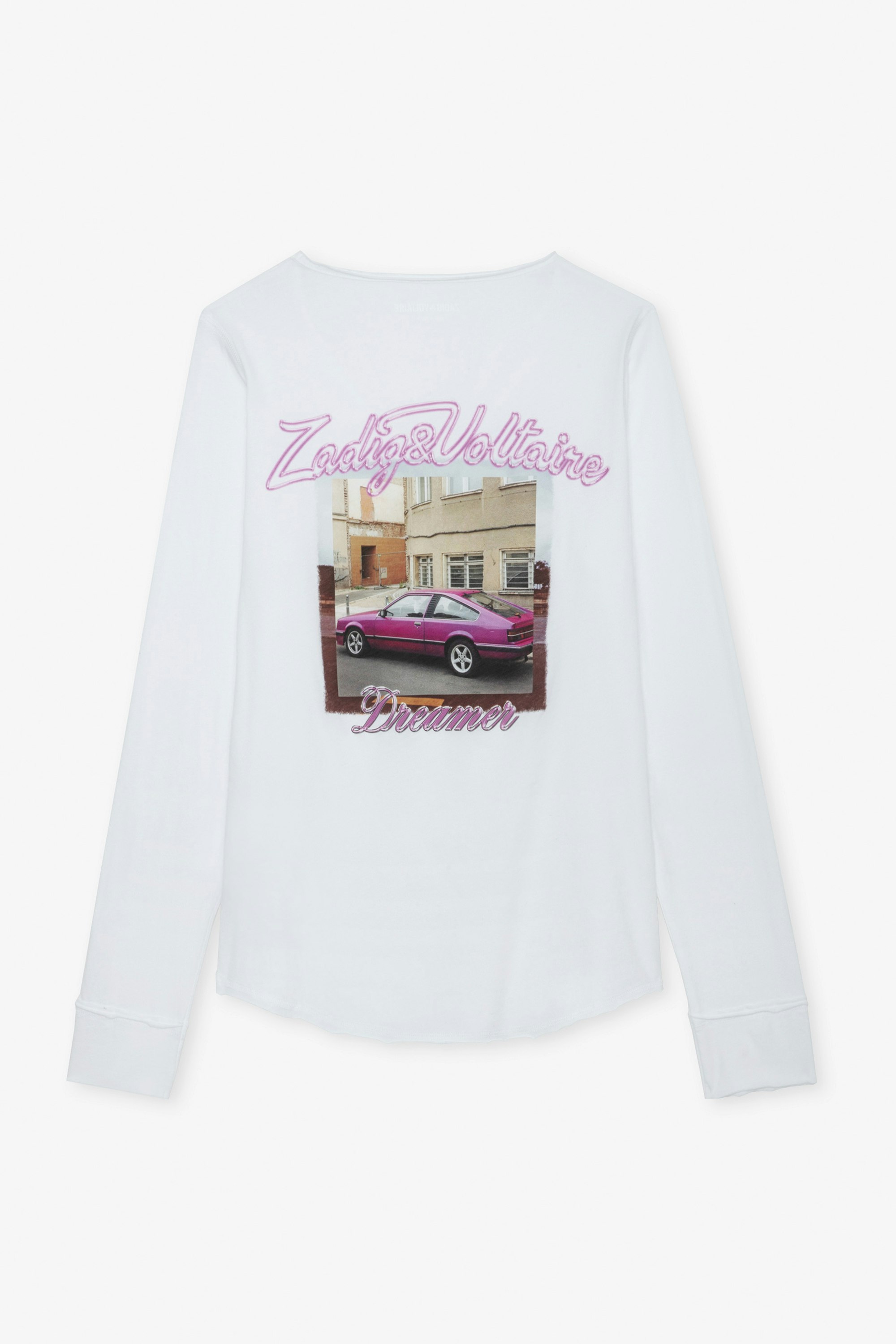 Photoprint Henley T-shirt - Women’s long-sleeved white cotton Henley T-shirt with Pink Car photoprint on the back.